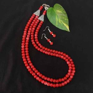 2 Layer Printed Glass Beads Necklace, Red