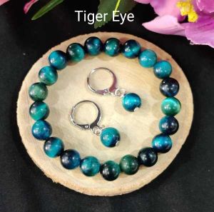 Natural Gemstone (Tiger Eye) Bracelet + Earrings, Peacock Blue