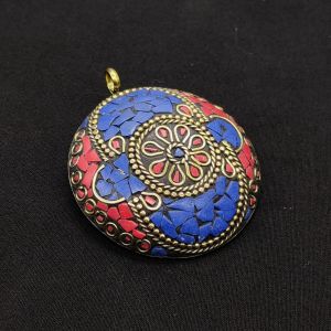 Tibetan Pendant, Round, Blue And Red