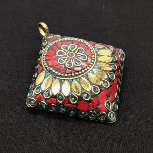 Tibetan Pendant, Diamond, Red And Green