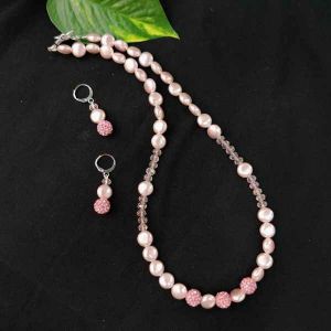 Coin Shaped Shell Pearl Necklace With Rhinestone Balls, Pink