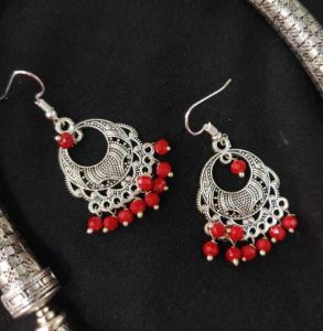 Oxidised Silver Bali Earrings With Glass Beads, Dark Red