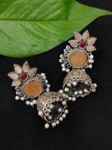 Silver Replica Jhumkas With Stone Stud, Light Orange