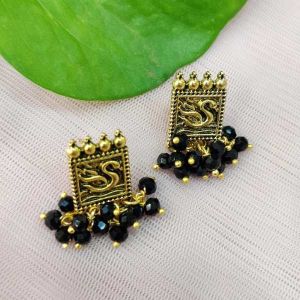 Oxidised Gold Earrings With Black Crystal