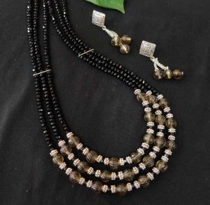 3 Layer Pumpkin (Kharbuja) Glass Beads Necklace With (Black) Crystal