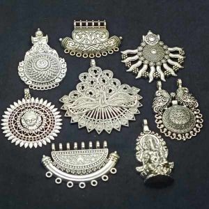 Antique Silver Metal Pendant, Assorted, Pack Of 8 Pcs