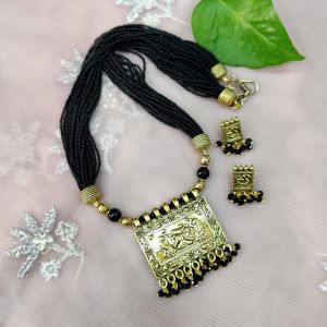 (Black) Seed Beads Necklace with Oxidised Gold Pendant