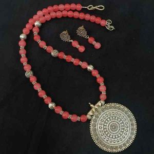 Glass Beads Necklace With Oxidised Silver (Round) Pendant, Peachish Pink