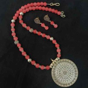 Glass Beads Necklace With Oxidised Silver (Round) Pendant, Peachish Pink