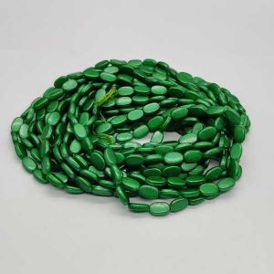 Flat Oval Glass Beads, Pearlish Metallic Finish, Green