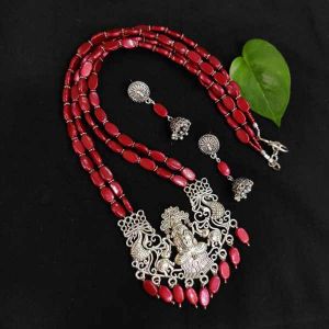 2 Layer Pearlish Metallic Finish Glass Beads Necklace With Oxidised Silver Lakshmi Pendant