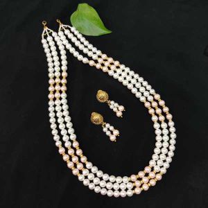3 Layer Shell Pearl Necklace With Earrings