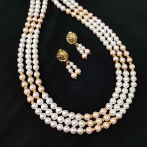 3 Layer Shell Pearl Necklace With Earrings