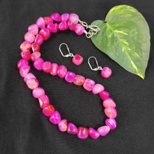 Agate Nugget Necklace With Matching Earrings, Dark Pink