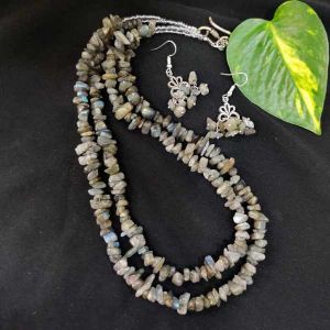2 Layer Gemstone Chip (Labradorite) Necklace With Earrings