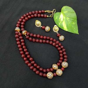 2 Layer Pumpkin (Kharbuja) Glass Beads Necklace With Designer Beads, Maroon