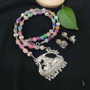 Printed Glass Beads Necklace With Radha Krishna Pendant