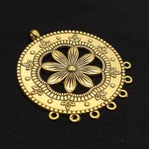 Antique Gold Metal Pendant, Round (Flower) With 7 Holes
