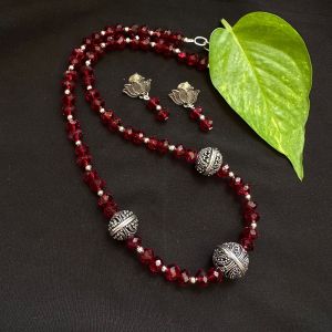 Navratri Gifts: Maroon Crystal Necklace With German Silver Spacers