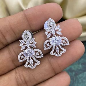 Cz Stone Silver Finish Earrings, White