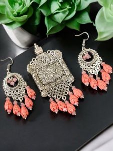 Oxidised pendant with Synthetic Coral drops and matching earrings,Pink