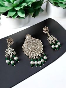 Oxidised pendant with crystal and pearl drops and matching earrings