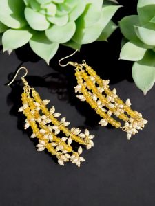 Agate and Rice Pearl Dangler Earrings Yellow