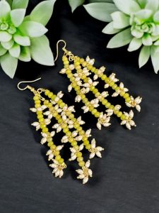 Agate and Rice Pearl Dangler Earrings fluroscent green