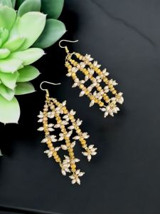 Agate and Rice Pearl Dangler Earrings yellow with black patches