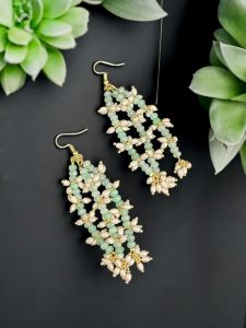 Agate and Rice Pearl Dangler Earrings sea green