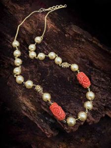 Swarovski Replica Golden Pearl with synthetic coral carving Beads Orange