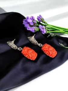 Coral Carved (Synthetic) Earrings Orange