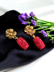 Coral Carved (Synthetic) Earrings Red