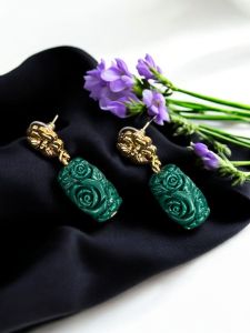 Coral Carved (Synthetic) Earrings Dark Green