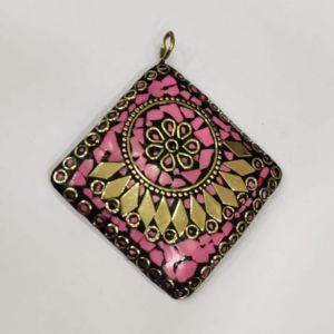 Tibetan Pendant ,square ,pink with gold