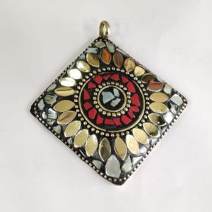 Tibetan Pendant ,square, white with gold