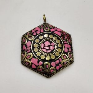 Tibetan Pendant ,hexagon, rose with gold
