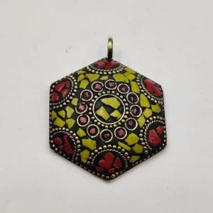 Tibetan Pendant ,hexagon, yellow with red