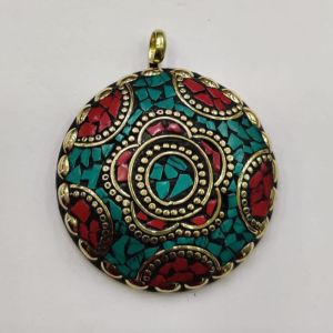 Tibetan Pendant ,round flower design , green with red 