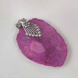Natural Agate Slice Pendant, Silver Finish pink with light pink