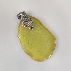 Natural Agate Slice Pendant, Silver Finish lemon yellow