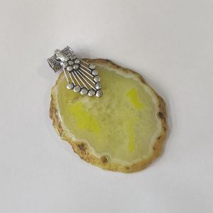 Natural Agate Slice Pendant, Silver Finish lemon yellow with mustard shades