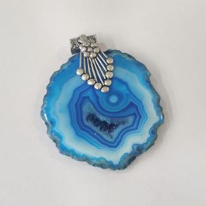 Natural Agate Slice Pendant, Silver Finish sky blue double shades
