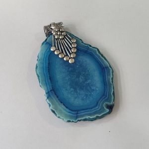 Natural Agate Slice Pendant, Silver Finish blue with sea green shades