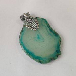 Natural Agate Slice Pendant, Silver Finish green dual shades