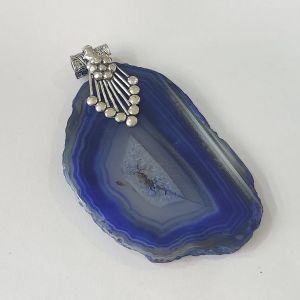 Natural Agate Slice Pendant, Silver Finish royal blue