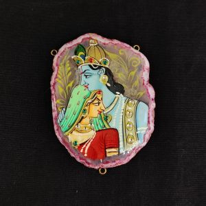 Radha Krishna Pendant, blue with pink Hand Painted On Onyx Stone