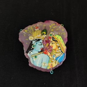 Radha Krishna Pendant, light blue with pink Hand Painted On Onyx Stone