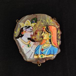 Radha Krishna Pendant, brown with orange Hand Painted On Onyx Stone