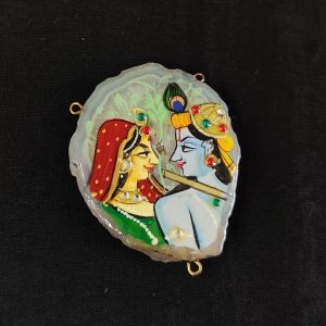 Radha Krishna Pendant, red with light blue Hand Painted On Onyx Stone
